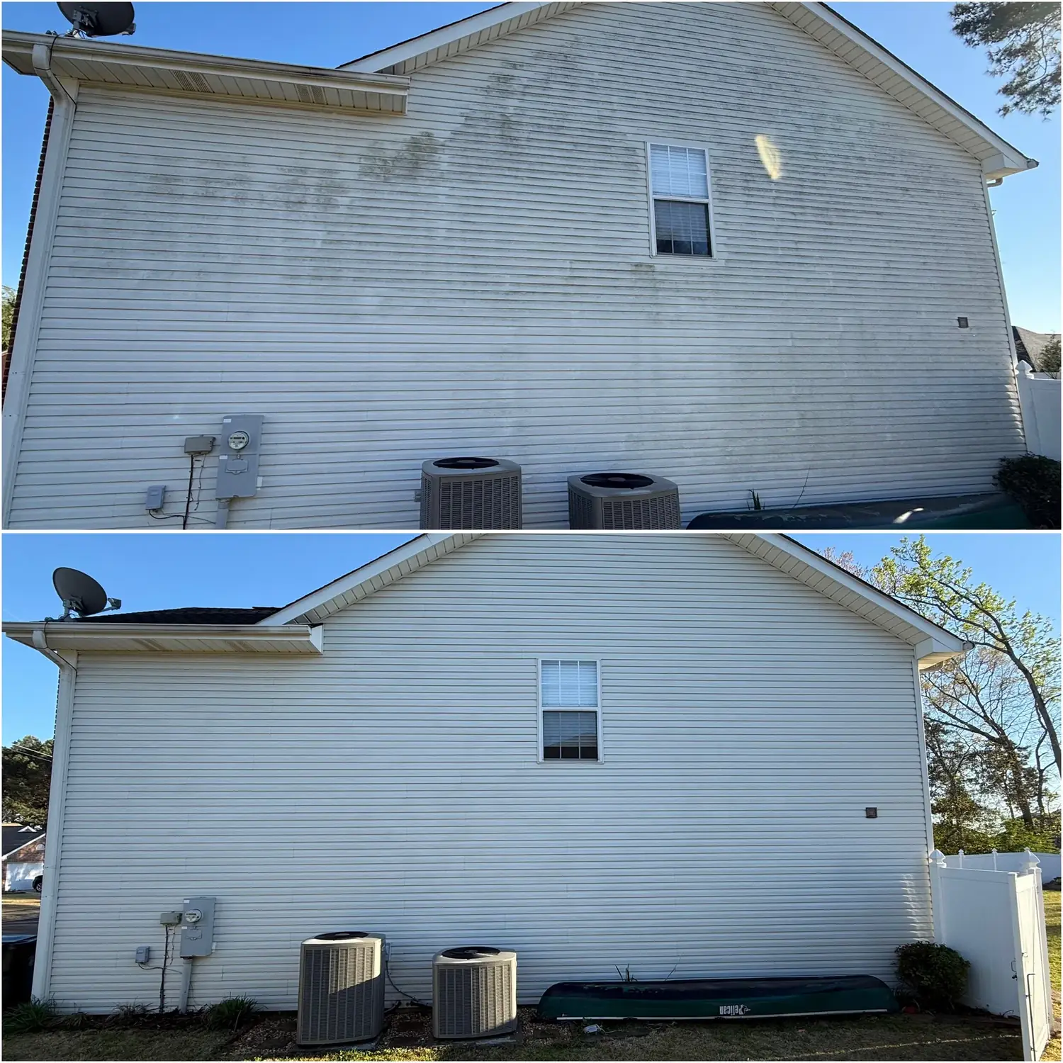 Before and after soft washing a two-story vinyl-sided home