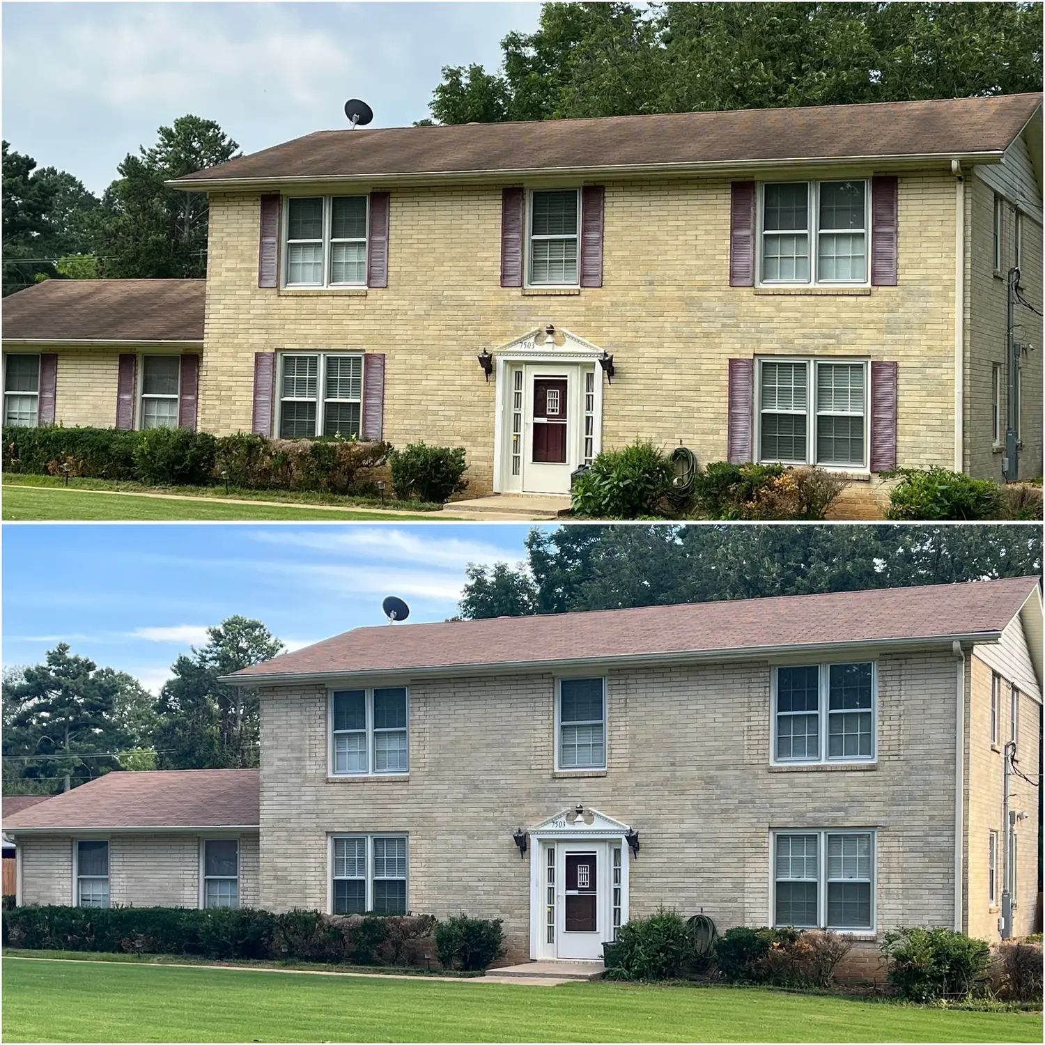 Before and after soft washing a two-story home's asphalt shingle roof