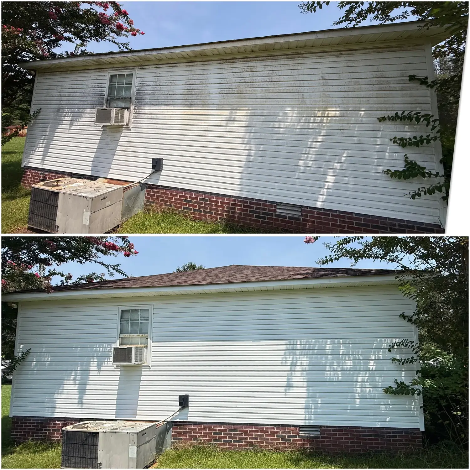 Before and after soft washing algae-stained white vinyl siding in Huntsville AL