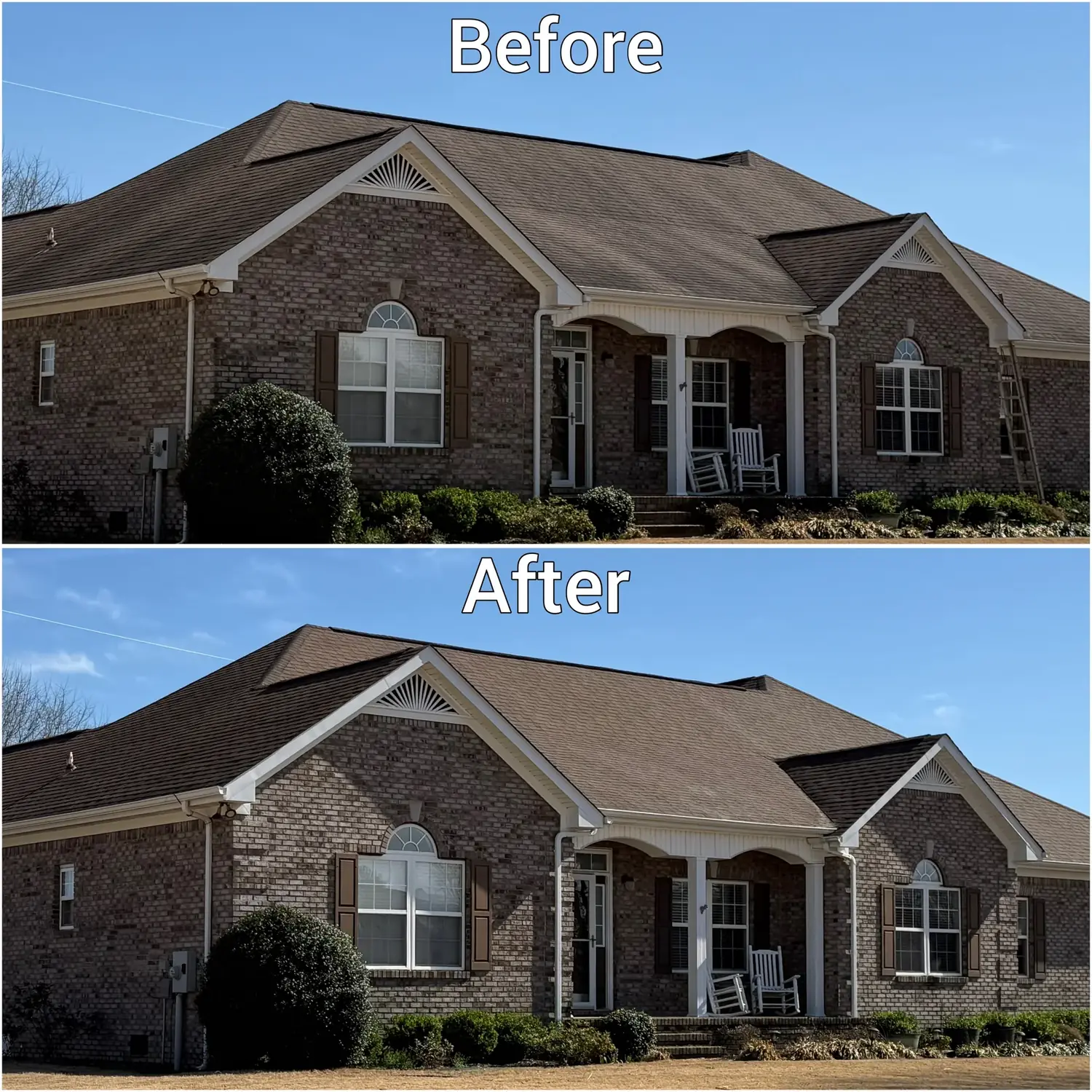 Before and after soft washing an asphalt shingle roof in Huntsville AL