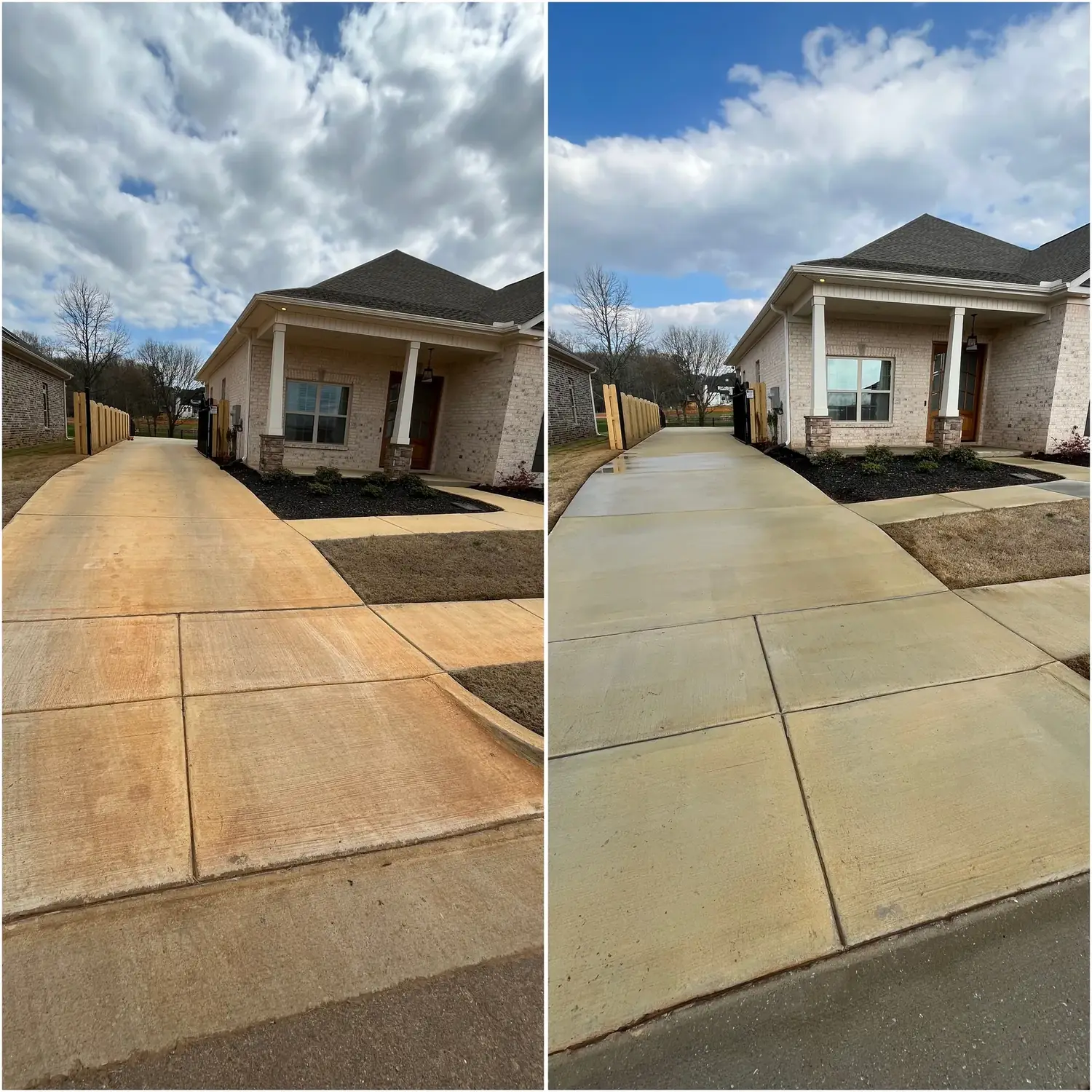 Before and after cleaning red clay stains from a driveway