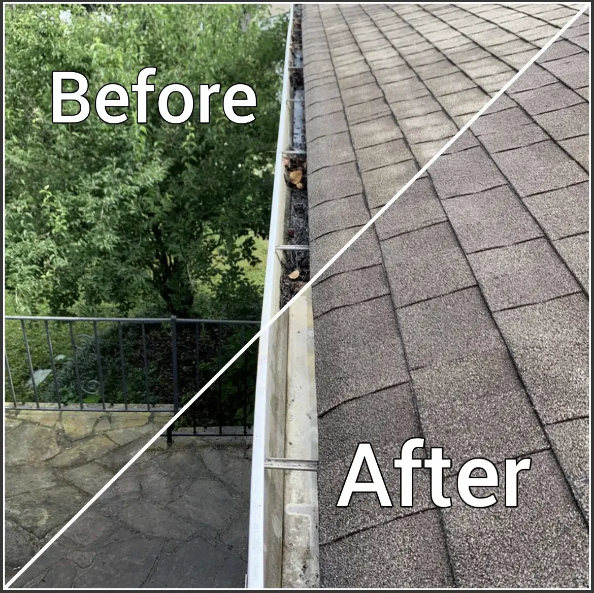 Before and after gutter cleaning on a residential roof in Huntsville AL