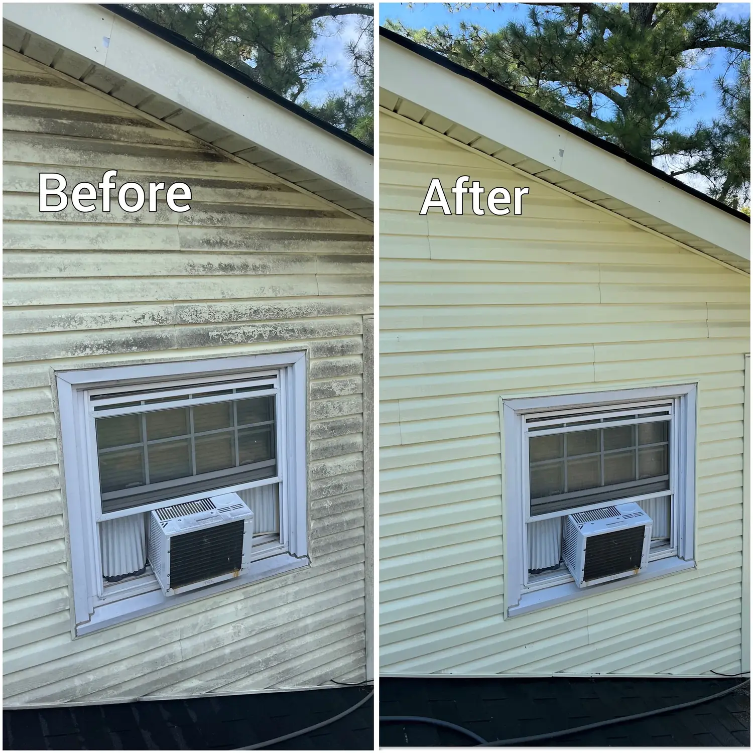 Before and after soft washing vinyl siding on a Huntsville AL home