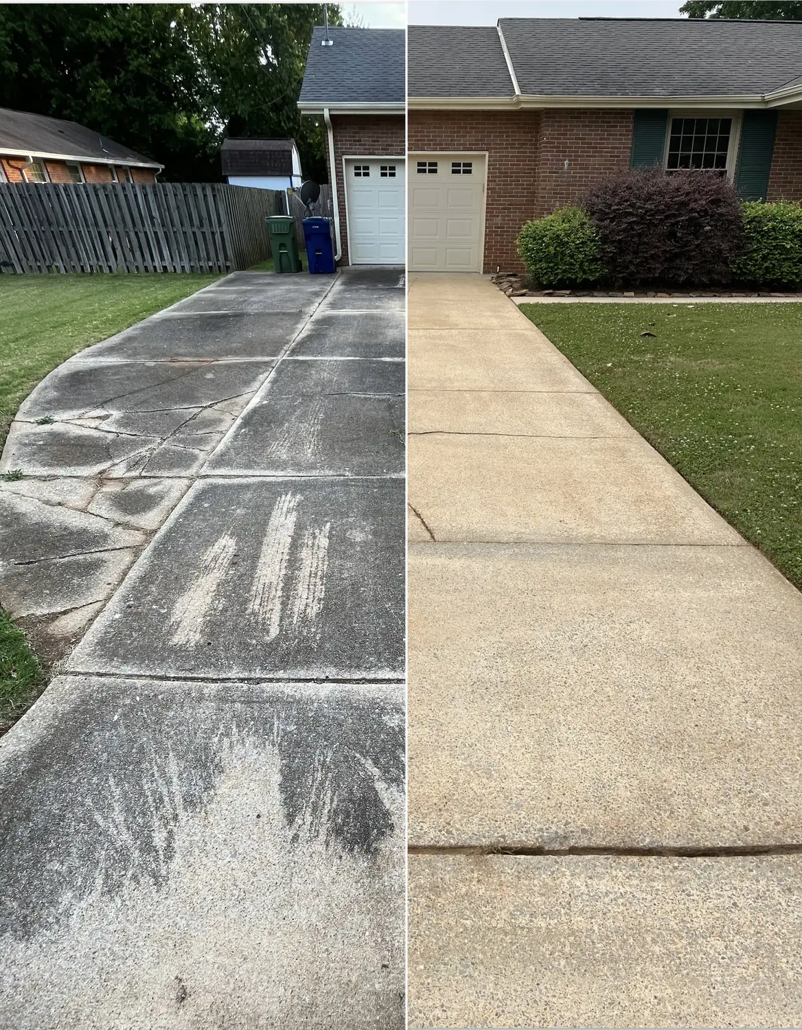 Before and after cleaning heavy staining from a concrete driveway