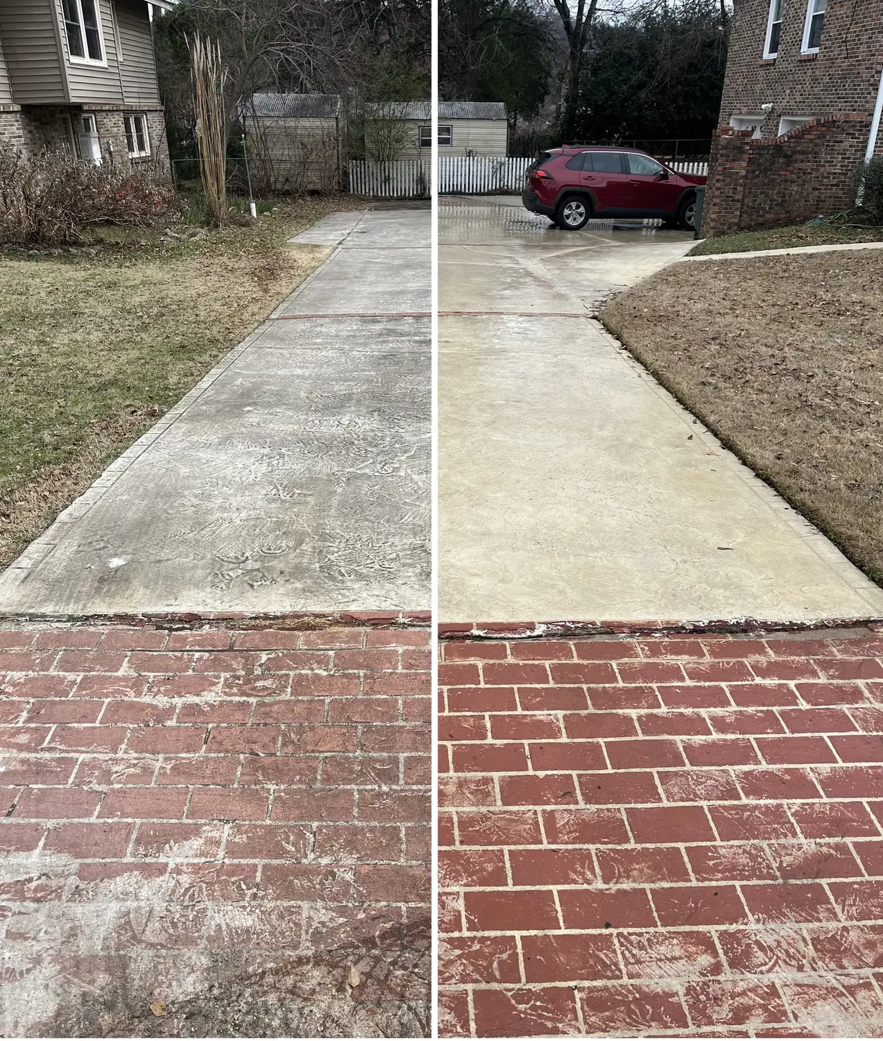 Before and after pressure washing concrete beside a brick walkway