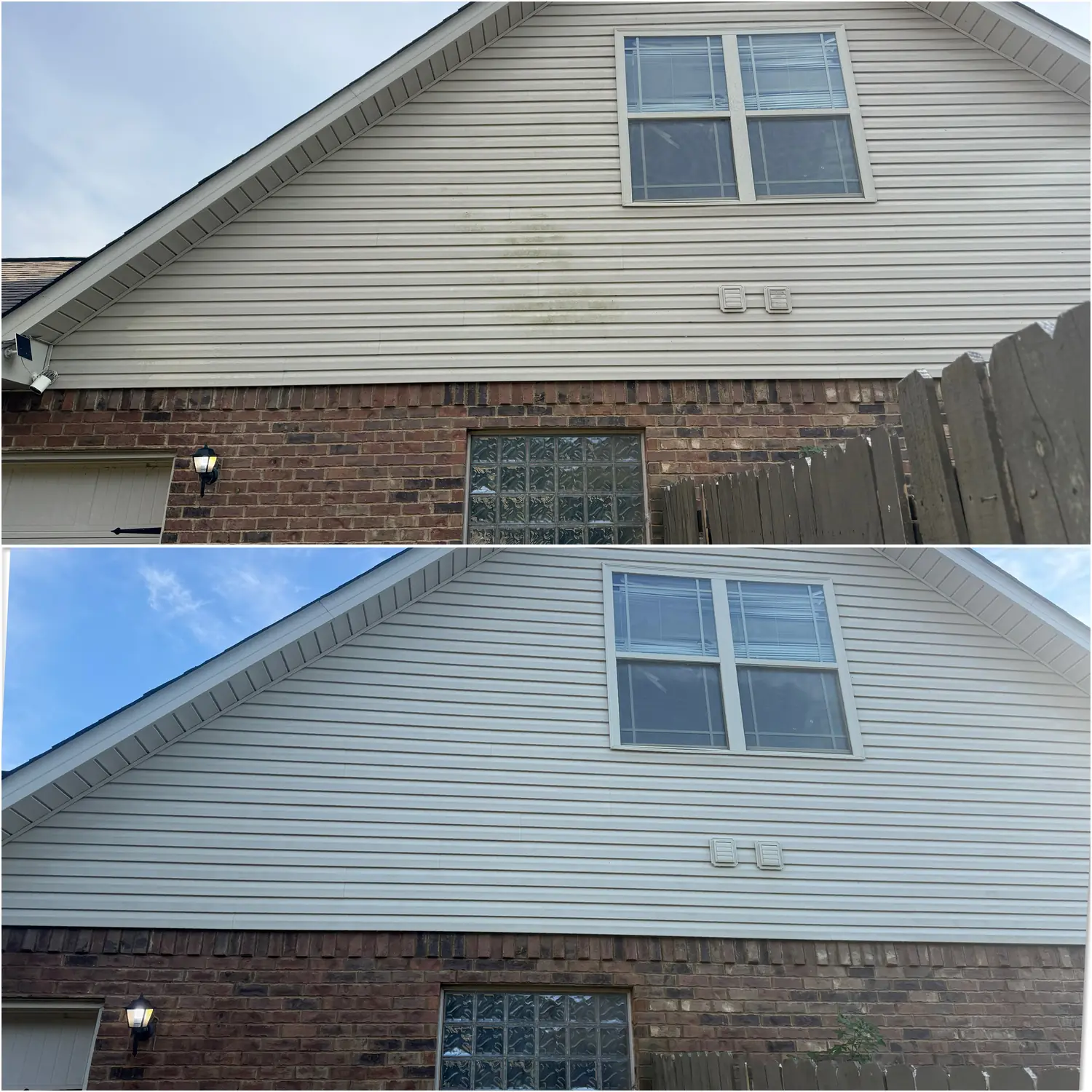 Before and after house washing algae-stained vinyl gable over brick in Huntsville AL