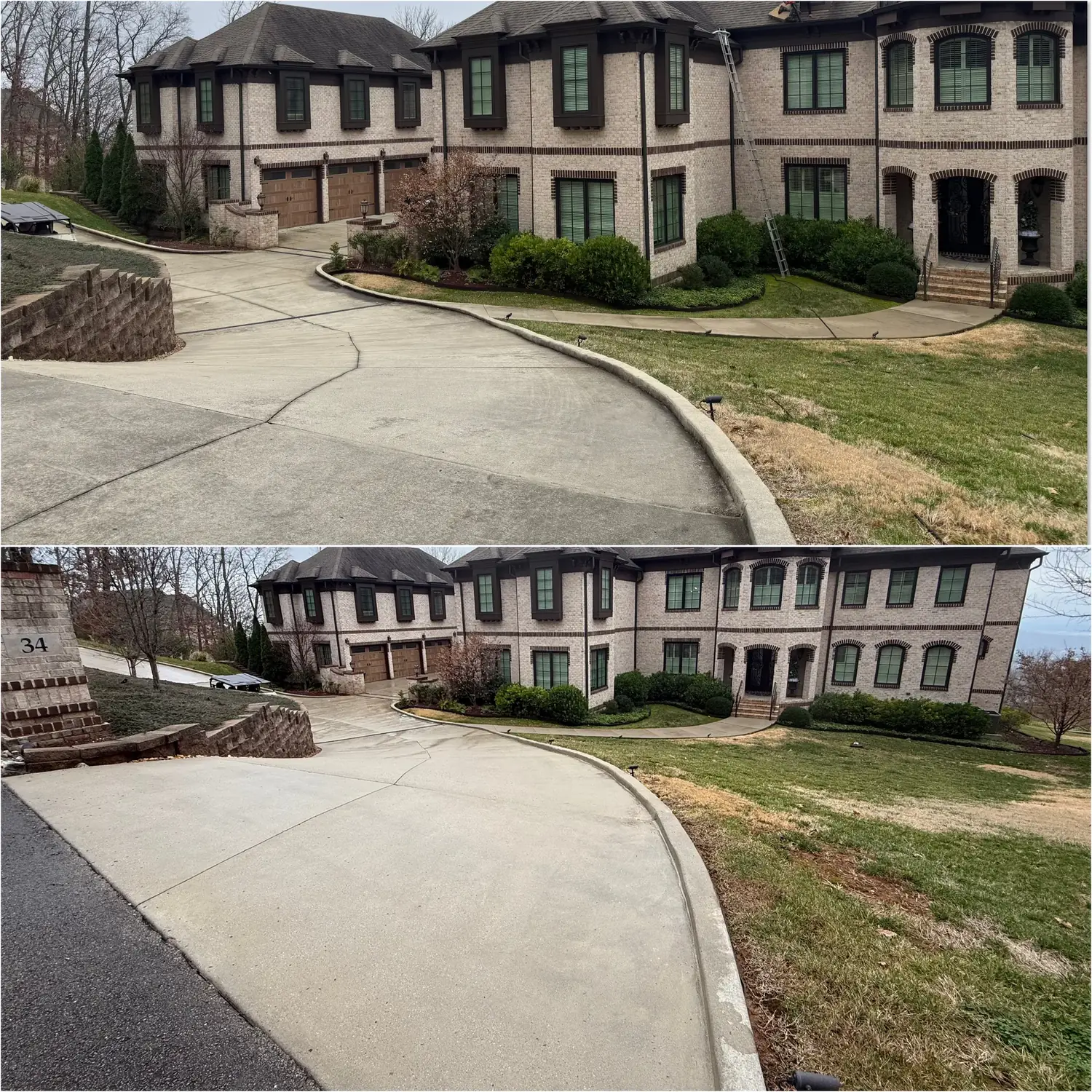 Before and after pressure washing a curved concrete driveway