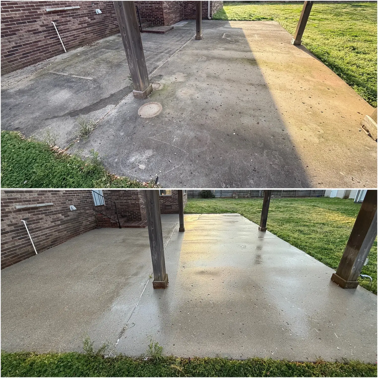Before and after pressure washing a covered concrete patio