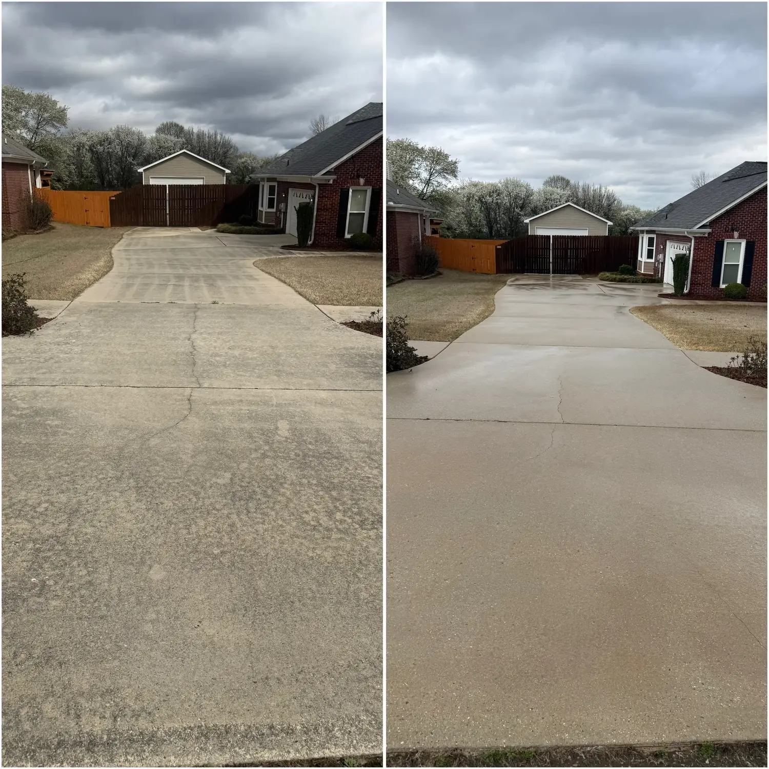 Before and after pressure washing a large concrete driveway