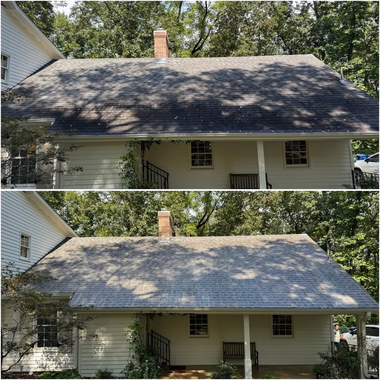 Before and in-progress soft washing a shaded asphalt shingle roof