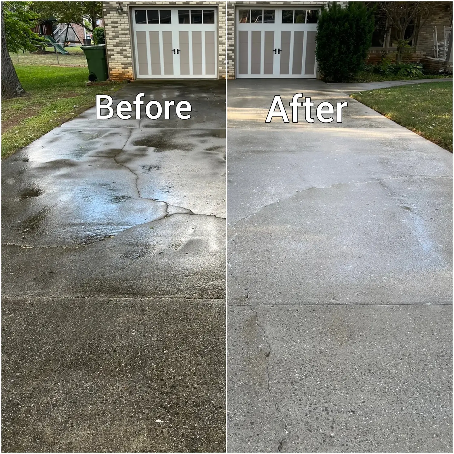 Before and after pressure washing a concrete driveway in Huntsville AL