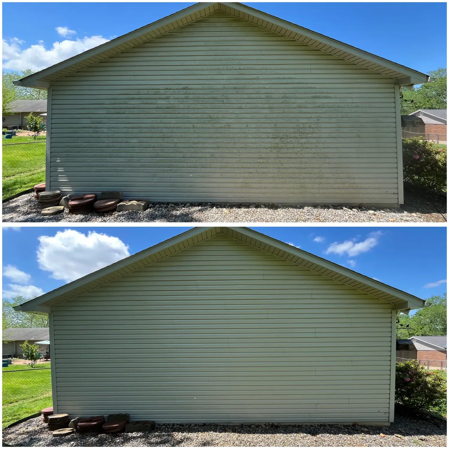 Before and after house washing a detached vinyl-sided garage