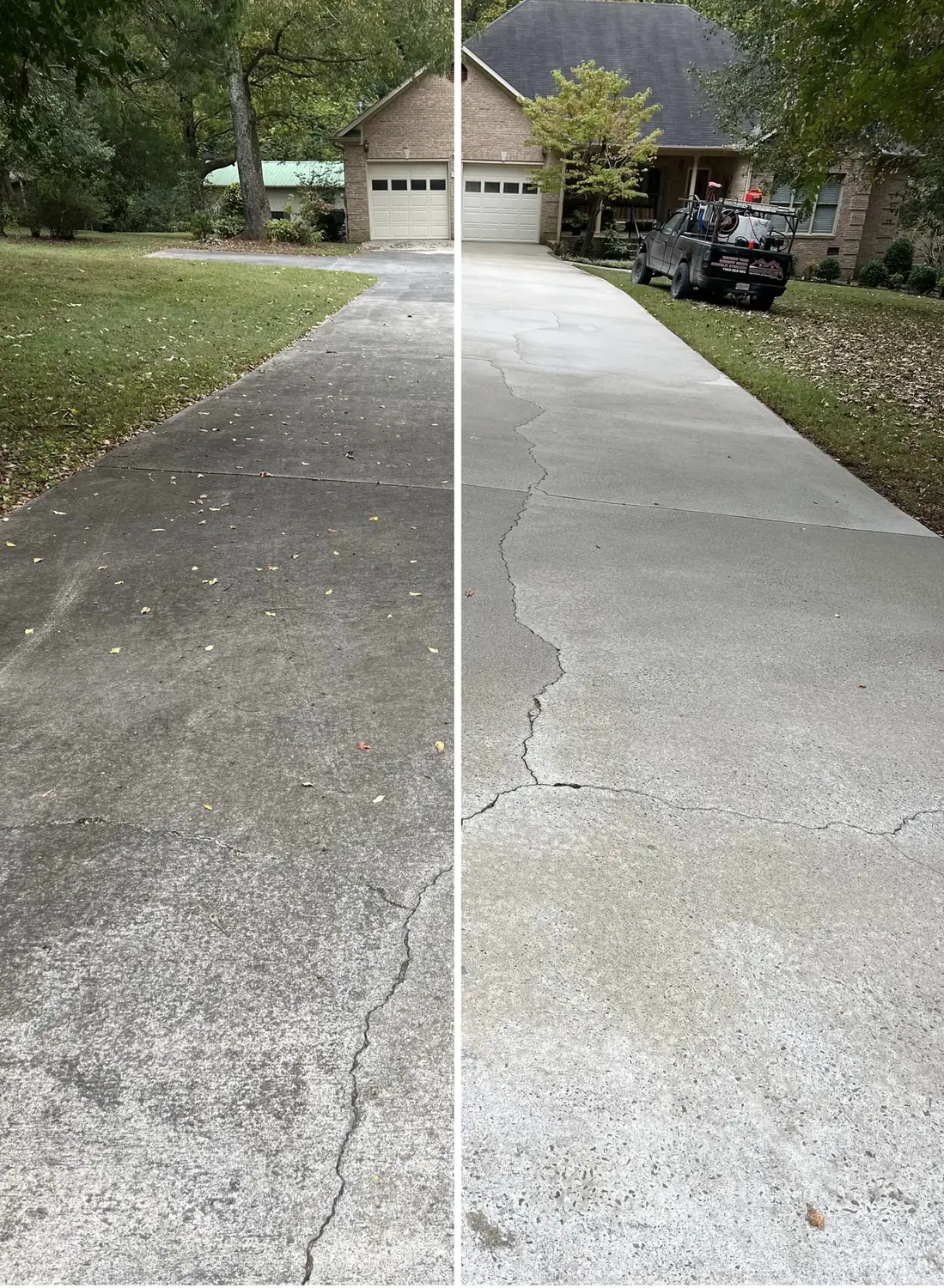 Before and after pressure washing a long residential driveway