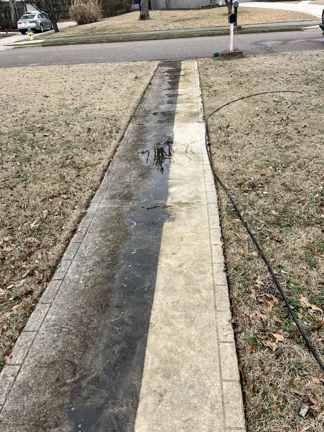 Concrete sidewalk with a clean pressure-washed strip