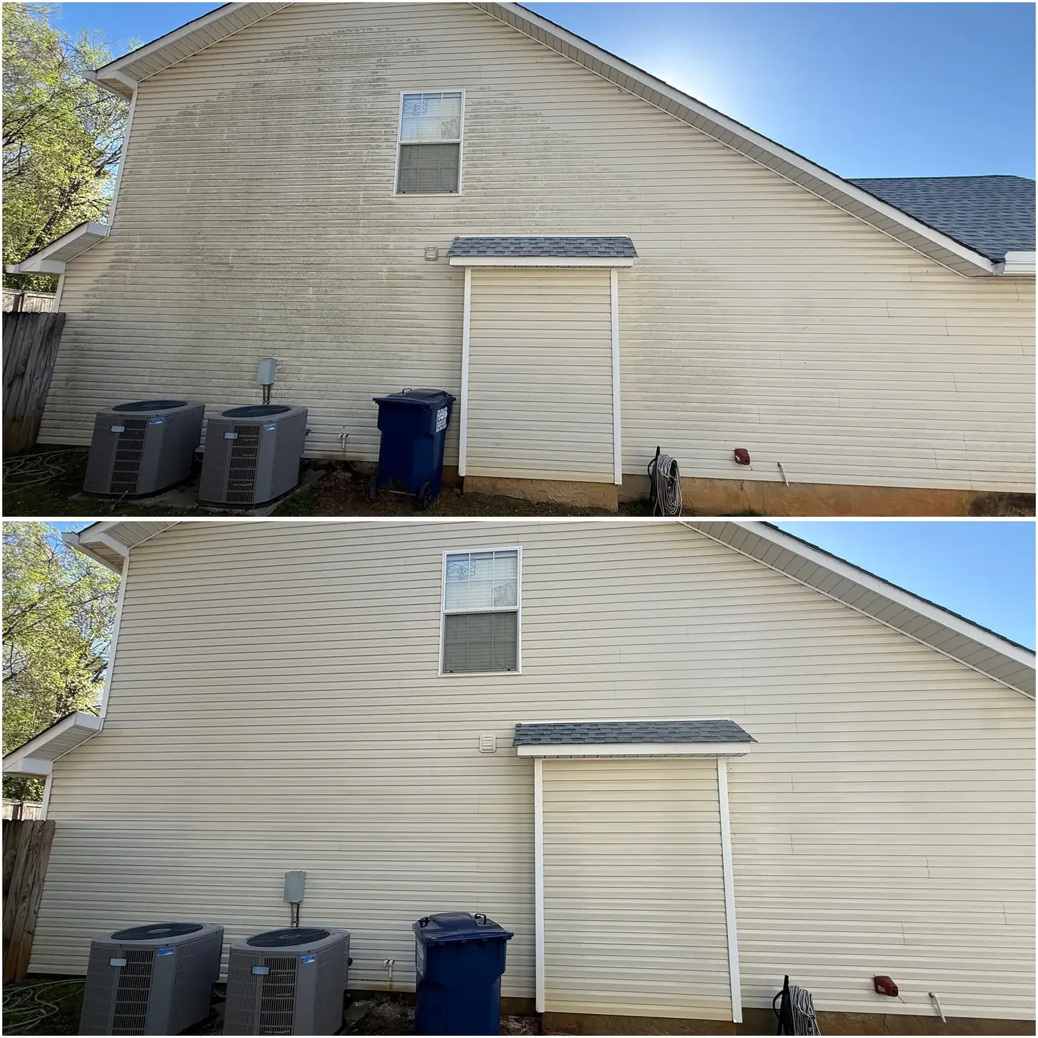 Before and after house washing beige vinyl siding