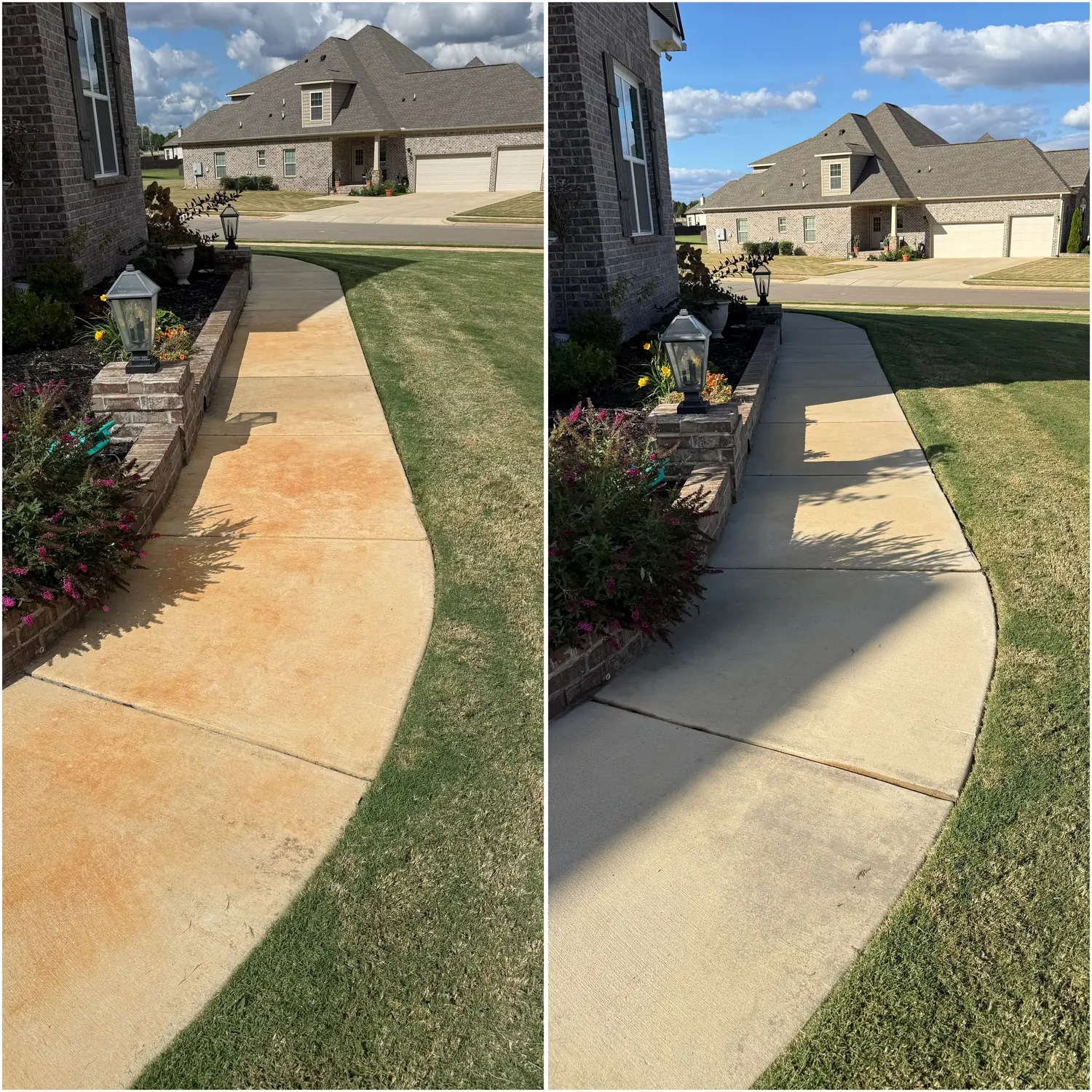 Before and after cleaning red clay stains from a residential concrete walkway