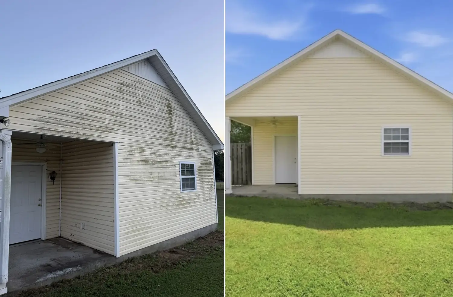 Before and after house washing on heavily stained vinyl siding