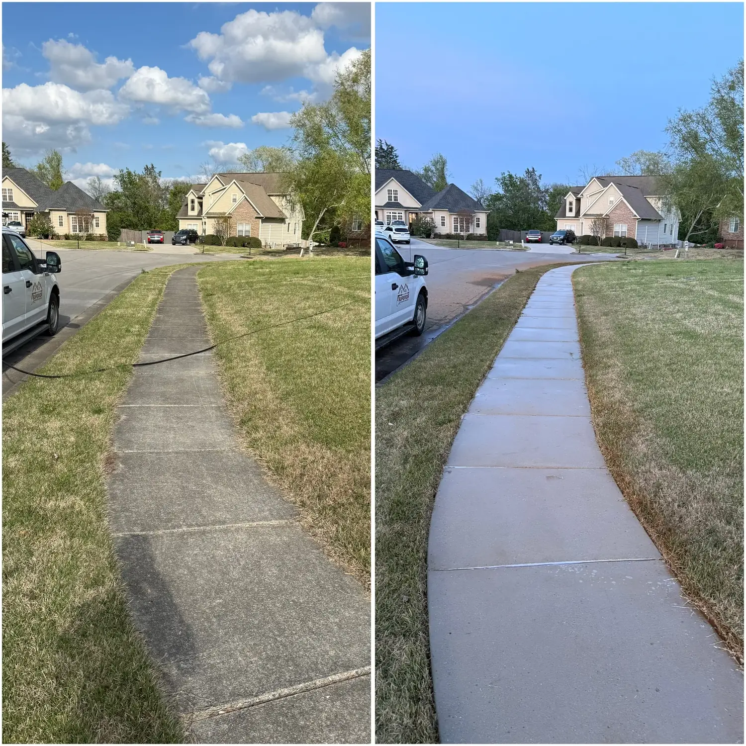 Before and after pressure washing a residential sidewalk