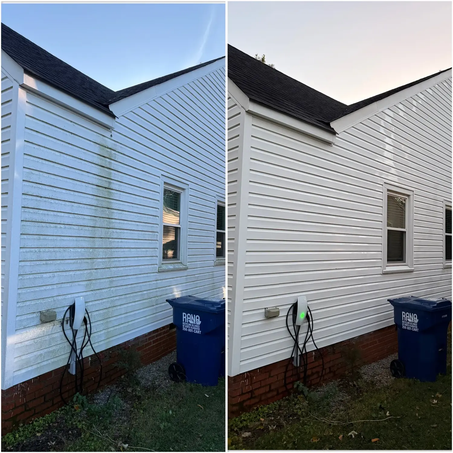 Before and after soft washing green algae from white siding