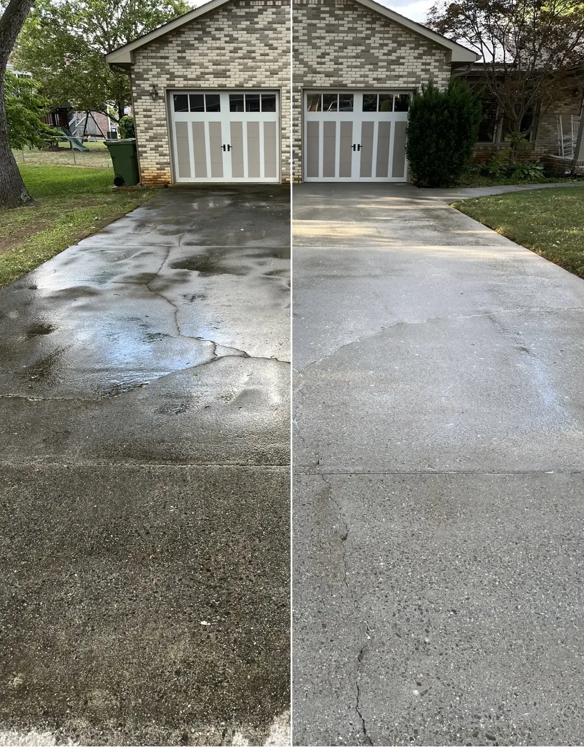 Before and after pressure washing on a stained concrete driveway in Huntsville AL
